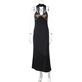 Robe longue camisole à ourlet en dentelle, col en V, fermeture éclair et dos croisé 