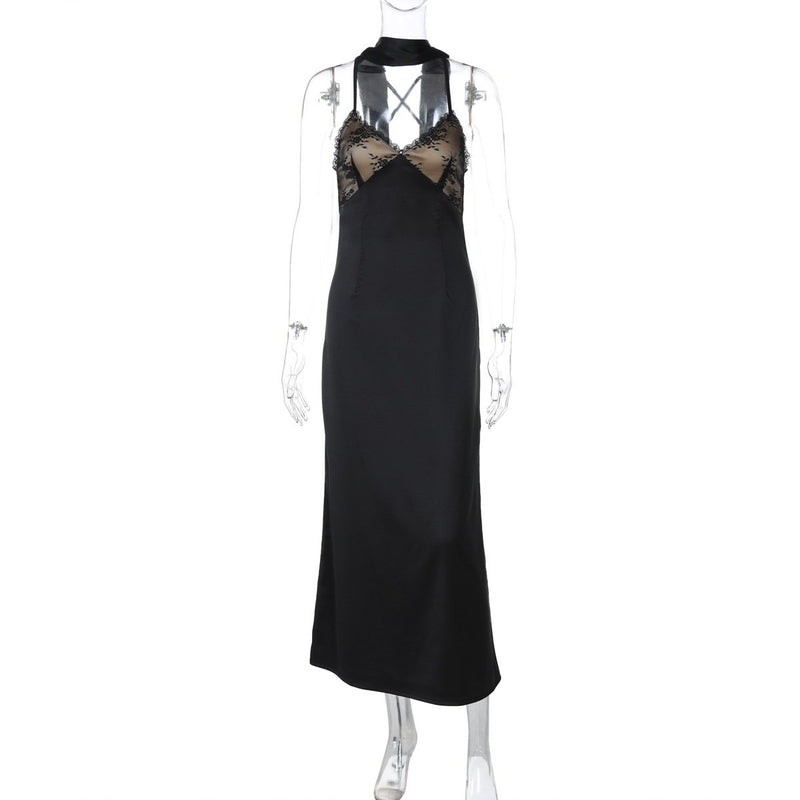 Robe longue camisole à ourlet en dentelle, col en V, fermeture éclair et dos croisé 