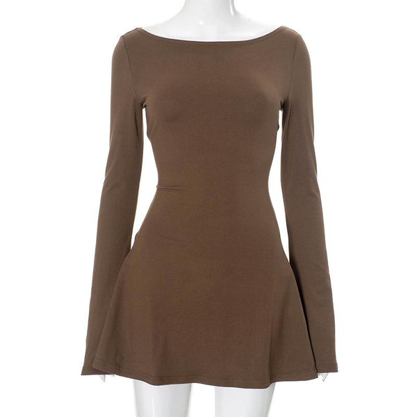Vestido mini liso de cuello redondo y manga larga 