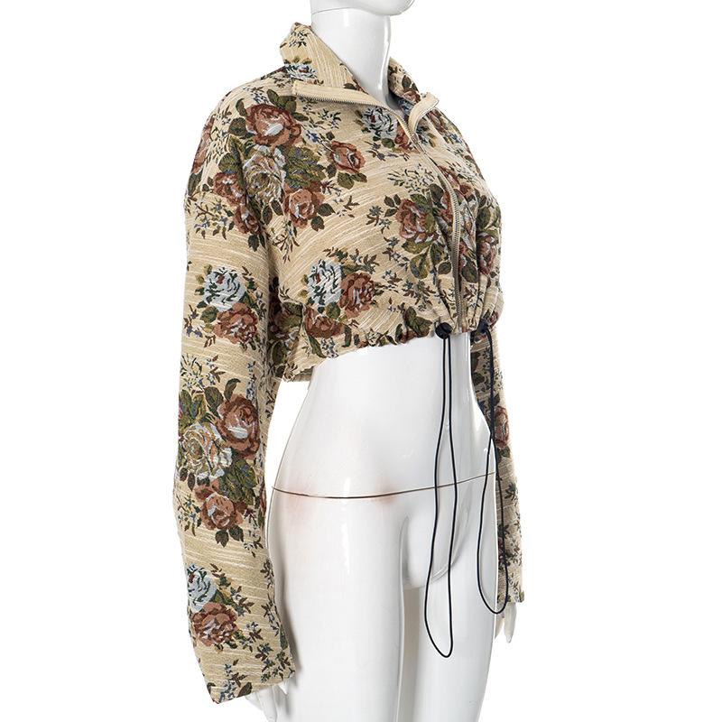 Zip-up long sleeve drawstring flower print top