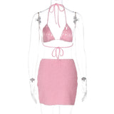 Textured halter self tie v neck solid mini skirt set