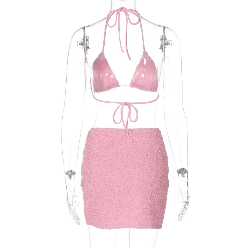 Textured halter self tie v neck solid mini skirt set