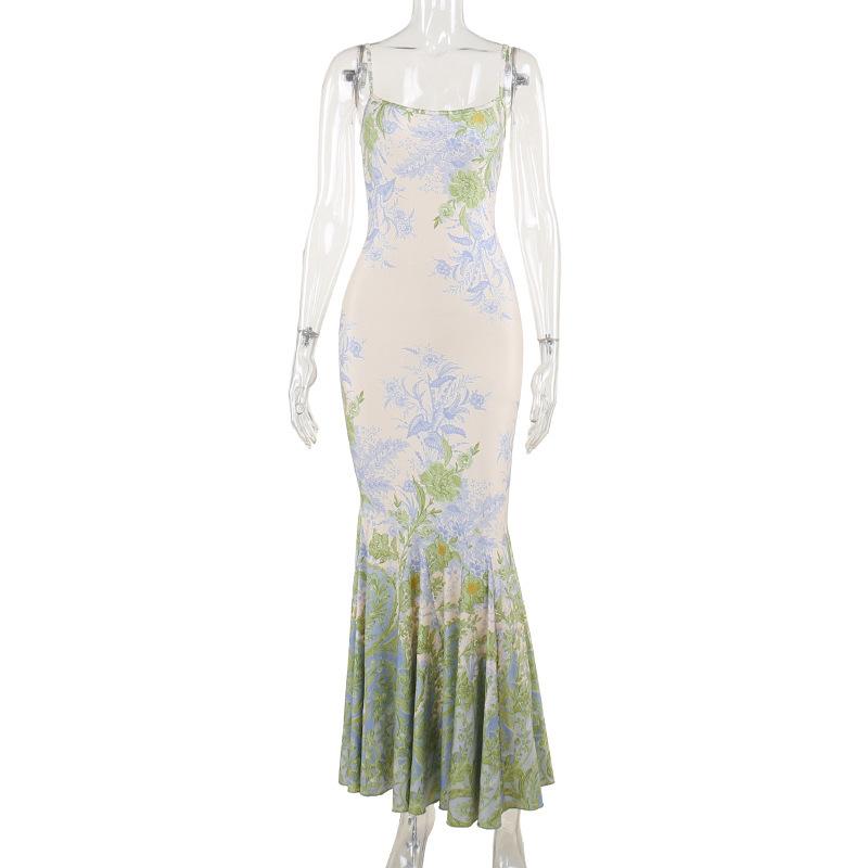 Vestido largo camisola con estampado floral en contraste y cuello en U 