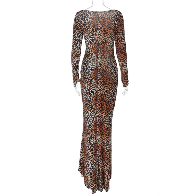 Vestido largo de manga larga con estampado de leopardo y escote en U calado 