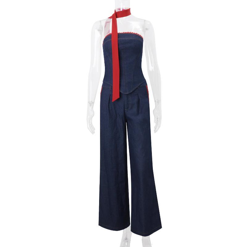 Lace hem lace up corset denim tube top