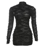 Vestido mini transparente de manga larga con cuello alto y aberturas 