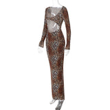 Vestido largo de manga larga con estampado de leopardo y escote en U calado 