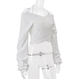Halter self tie v neck long sleeve off shoulder top