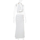 Halter hollow out slit self tie irregular midi skirt set
