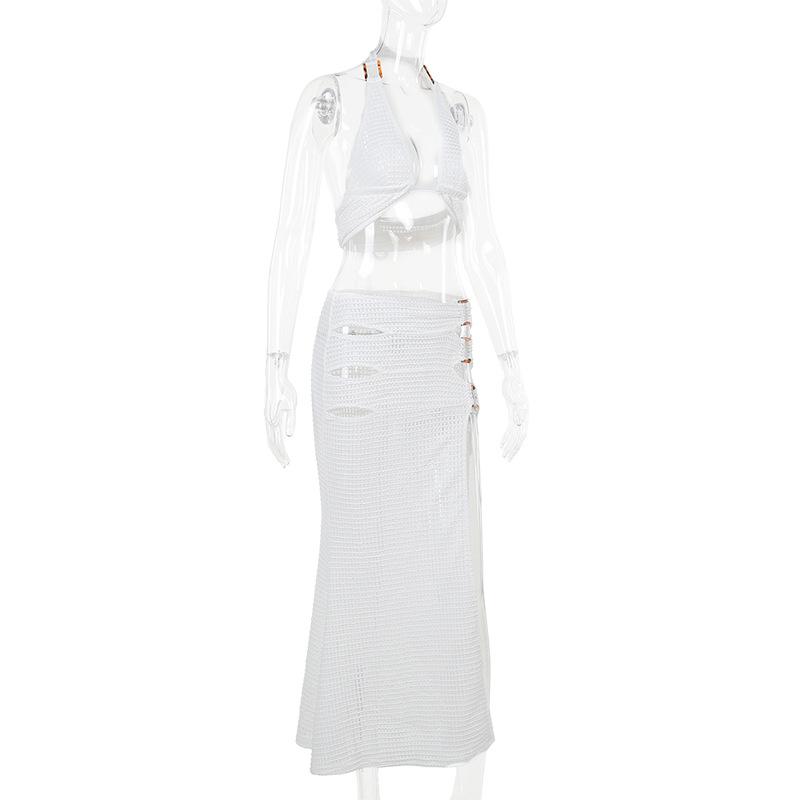 Halter hollow out slit self tie irregular midi skirt set