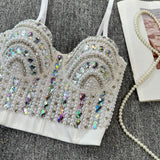 Haut camisole dos nu boutonné à col en V et perles 