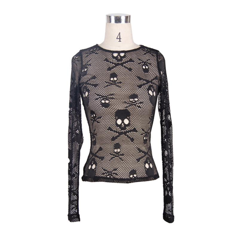 Long sleeve crewneck hollow out skull print fishnet top