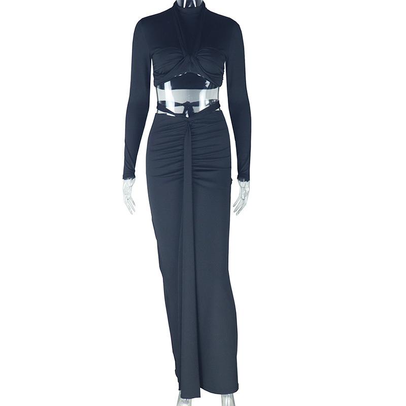 Ruched long sleeve crewneck self tie maxi skirt set