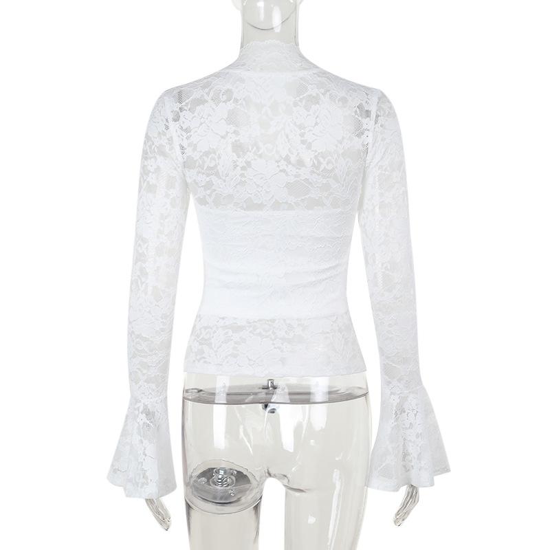 Long flared sleeve v neck lace solid top