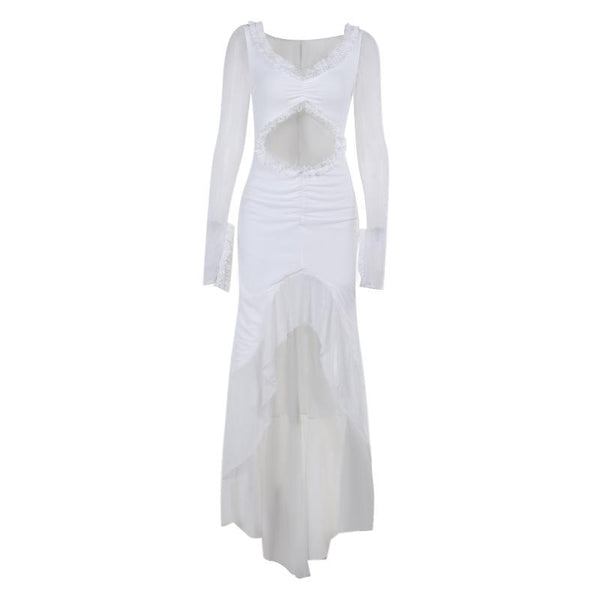 Vestido largo de malla con volantes fruncidos y mangas largas caladas 