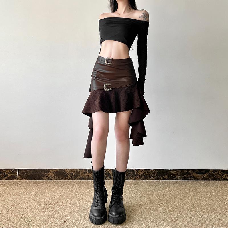 Irregular ruffle PU leather buckle mini skirt