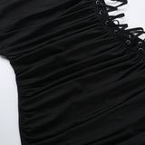 Vestido midi fruncido con escote cuadrado, cordones y aberturas 