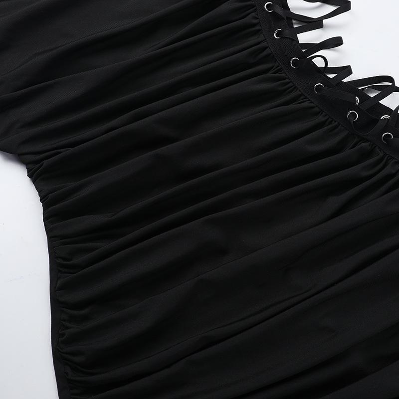 Vestido midi fruncido con escote cuadrado, cordones y aberturas 