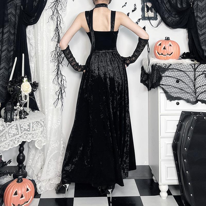 Vestido largo de terciopelo con escote cuadrado cruzado y dobladillo de encaje 