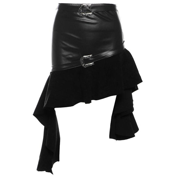 Irregular ruffle PU leather buckle mini skirt