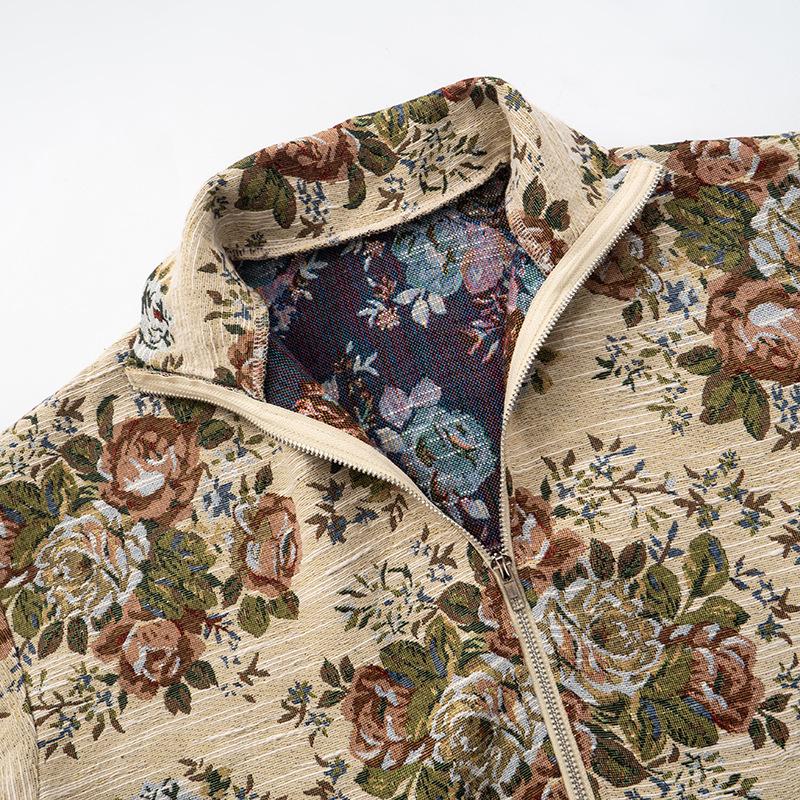 Zip-up long sleeve drawstring flower print top