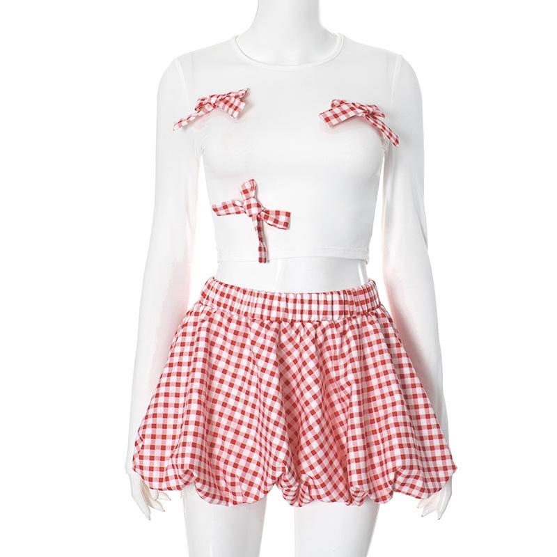 Bowknot long sleeve crewneck plaid mini skirt set