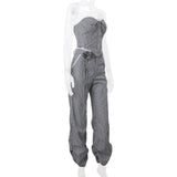 Ruched striped zip-up lace hem medium rise pant