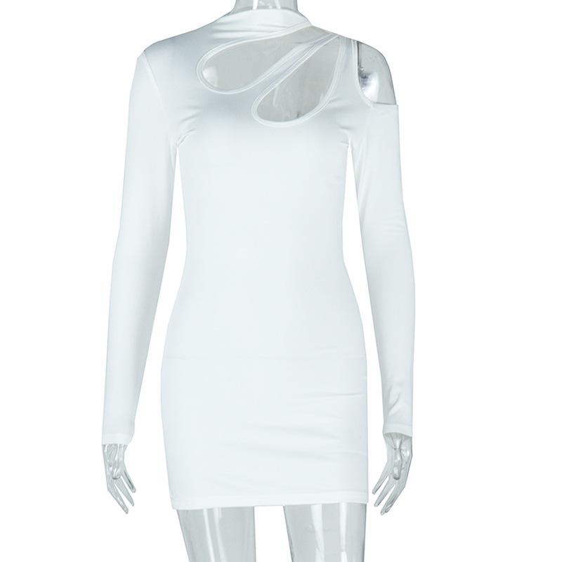 Mini-robe unie irrégulière à manches longues et ajourée 