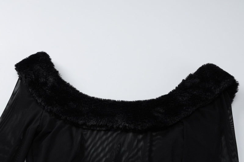 Long sleeve u neck fluffy mesh see through mini dress