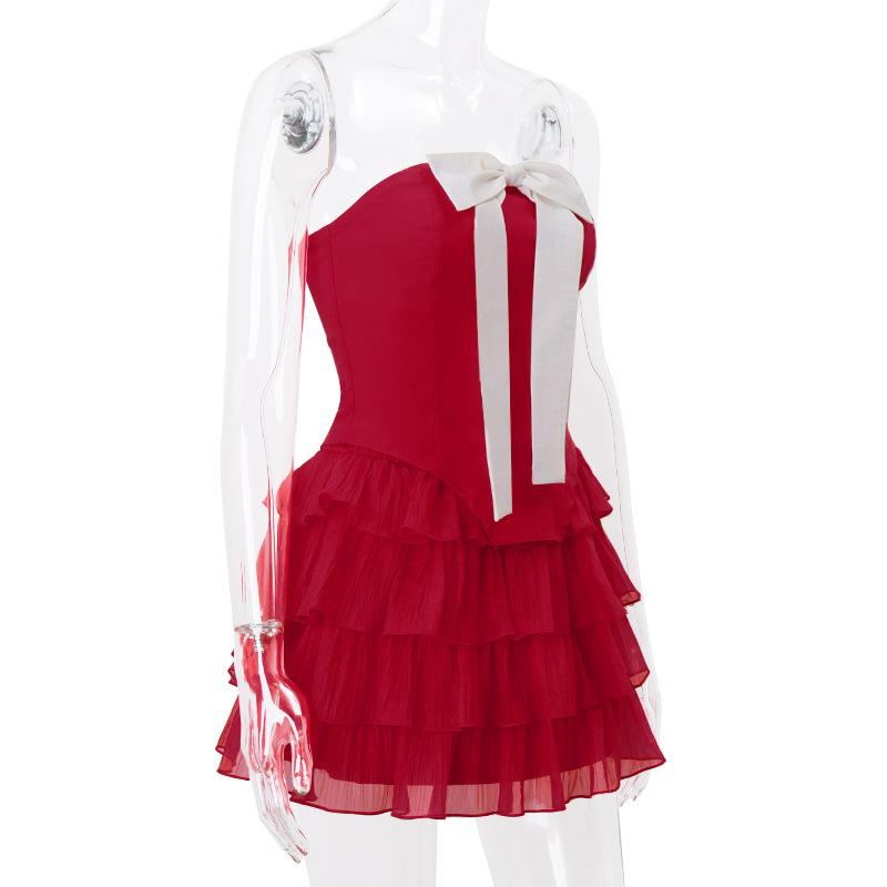 Bowknot applique ruched ruffle lace up tube mini skirt set