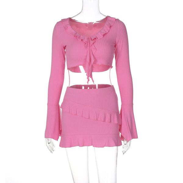 Long flared sleeve v neck ruffle slit mini skirt set
