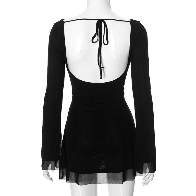 Vestido mini de manga larga con cuello redondo, lazo en la espalda y sin espalda 