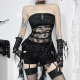 Mini-robe tube irrégulière avec appliques croisées en dentelle 