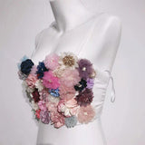 Flower applique v neck button contrast cami top