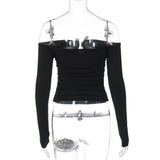 Off shoulder long sleeve ruched solid top
