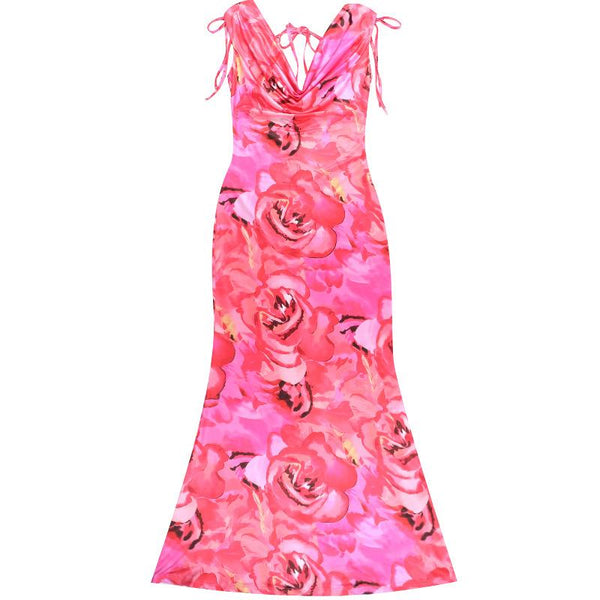 Robe longue dos nu à imprimé fleuri et col bénitier 