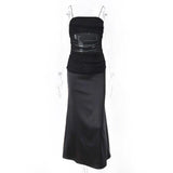 Ruched slit mesh spaghetti strap midi dress