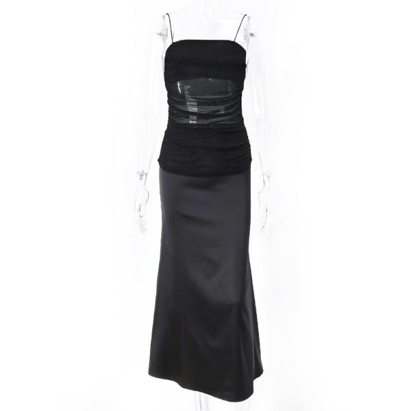 Ruched slit mesh spaghetti strap midi dress