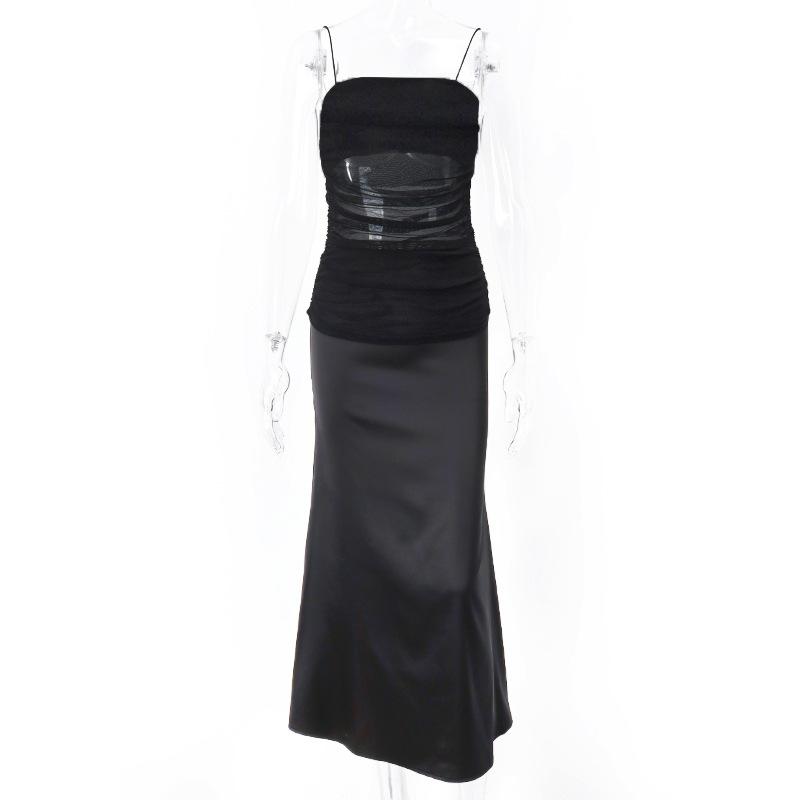 Ruched slit mesh spaghetti strap midi dress