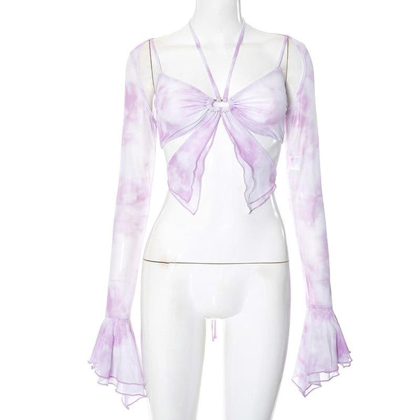 Long flared sleeve halter ruffle hollow out print top