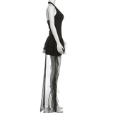 Minivestido de malla con volantes y escote halter, sin espalda 
