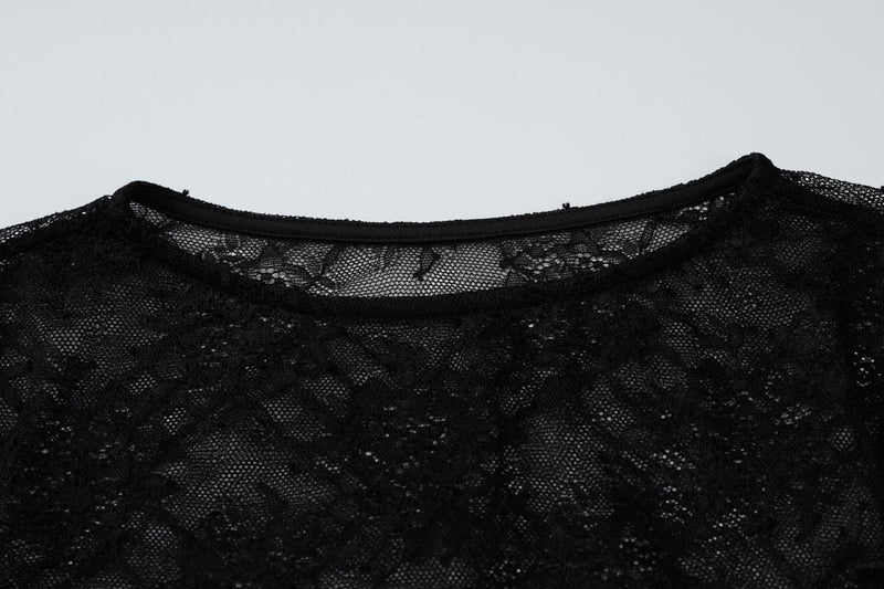 Long sleeve lace see through crewneck ruched top