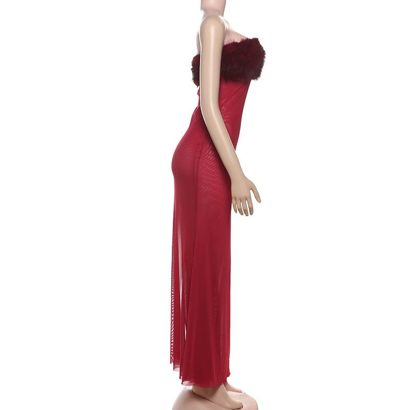 Robe longue tube dos nu en maille patchwork duveteuse 