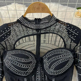 Long sleeve crewneck beaded zip-up hollow out maxi dress