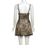 Vestido mini de tirantes finos con cuello en V, estampado de leopardo y dobladillo de encaje 