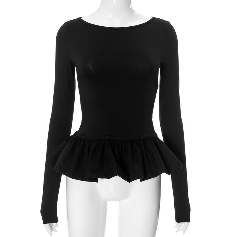 Top con volantes calados, cuello redondo y manga larga fruncida 