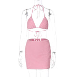 Textured halter self tie v neck solid mini skirt set