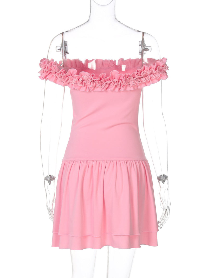 Off shoulder flower applique ruffle ruched mini dress
