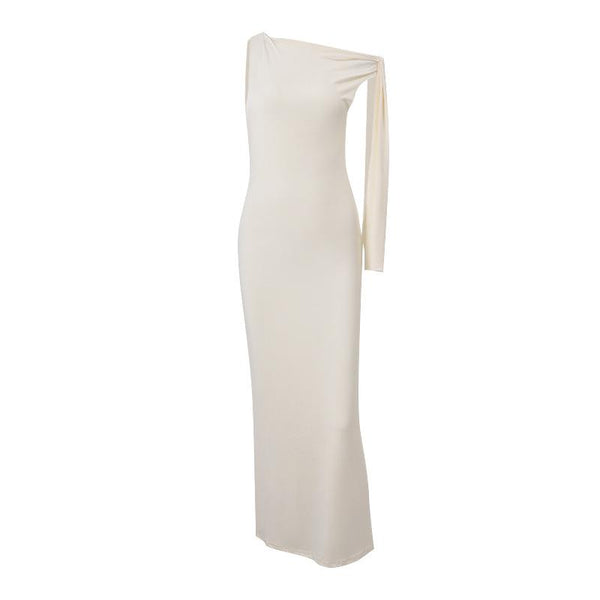 Vestido largo liso con un solo hombro irregular y lazo anudado 