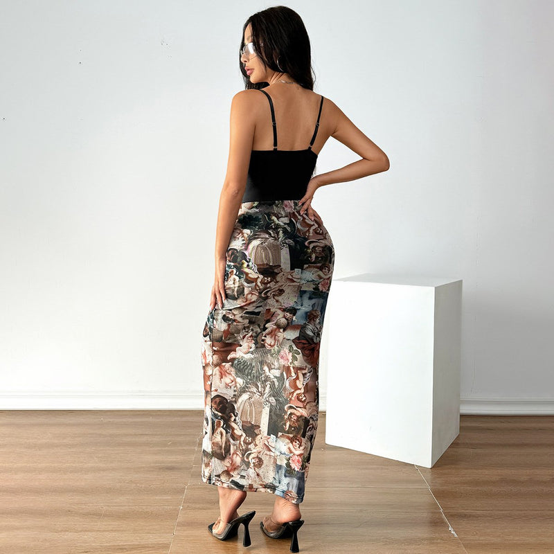 Robe longue à imprimé personnage froncé et col carré 